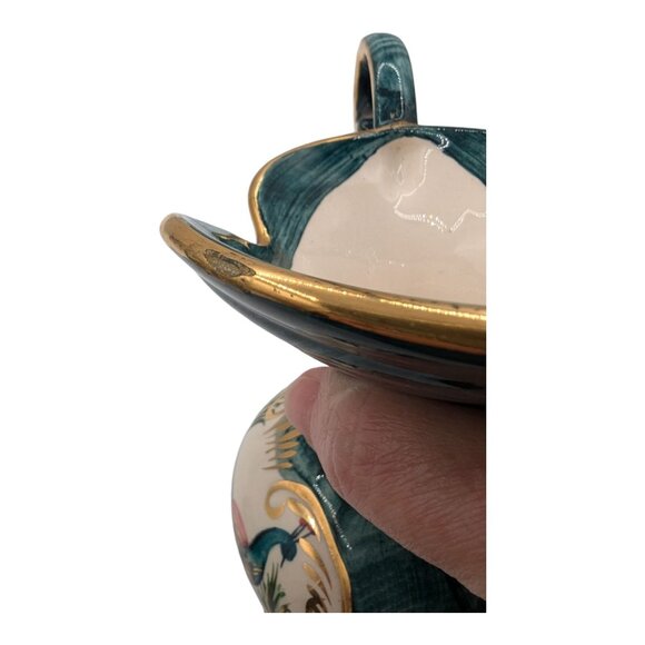 Vintage H. Bequet Quaregnon Belgium Peacock Ceramic Pitcher with Gold Trim - Picture 5 of 11